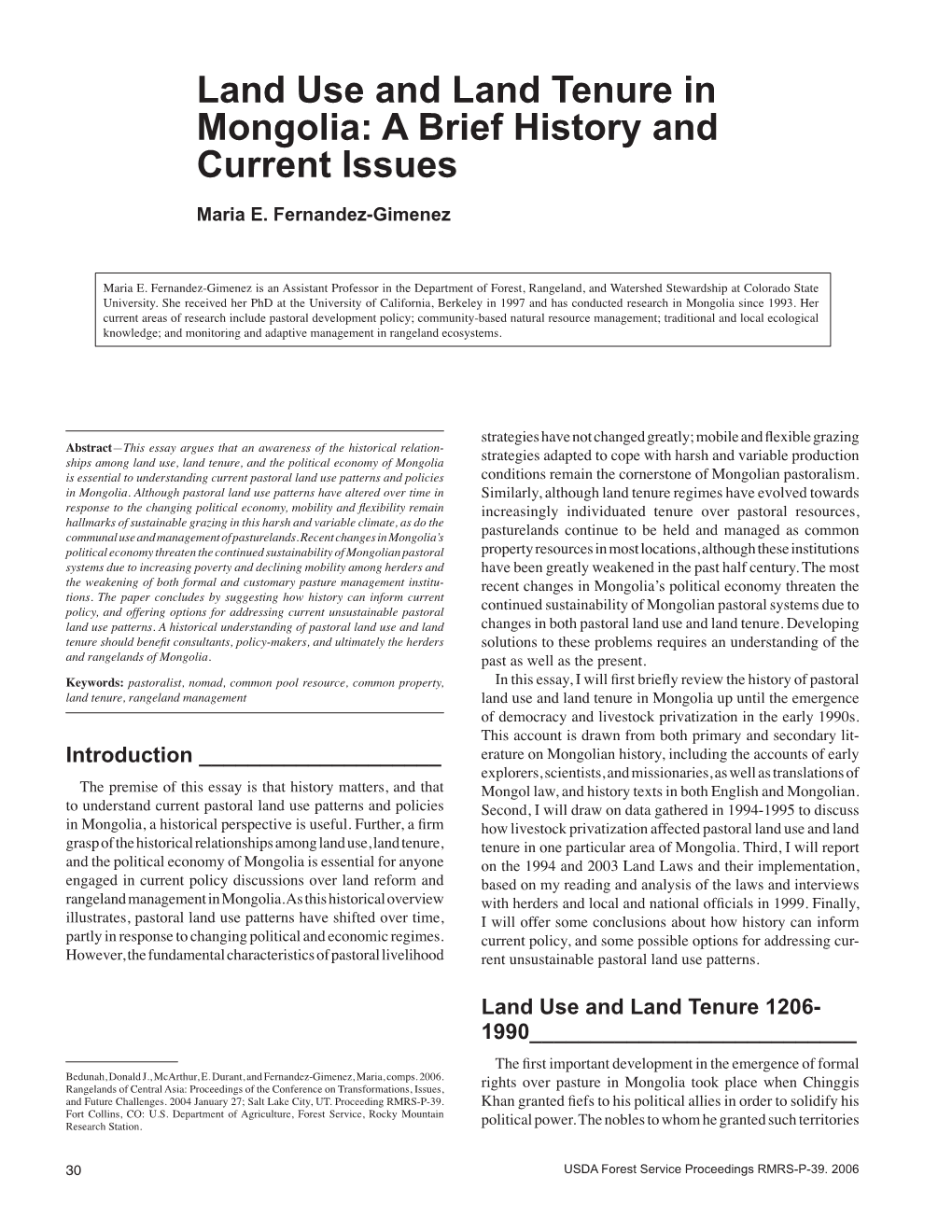 Land Use and Land Tenure in Mongolia: a Brief History and Current Issues Maria E