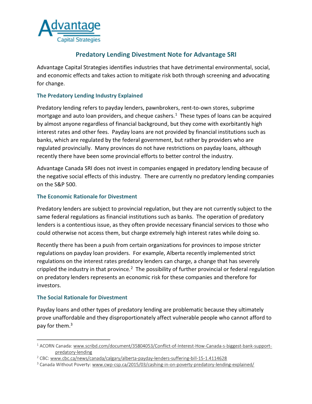 Predatory Lending Divestment Note for Advantage