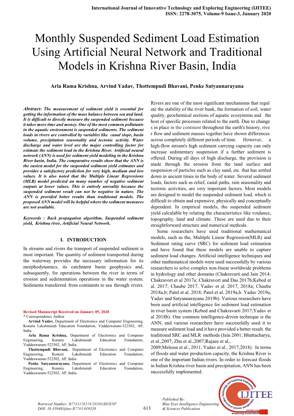 Monthly Suspended Sediment Load Estimation Using Artificial Neural Network and Traditional Models in Krishna River Basin, India