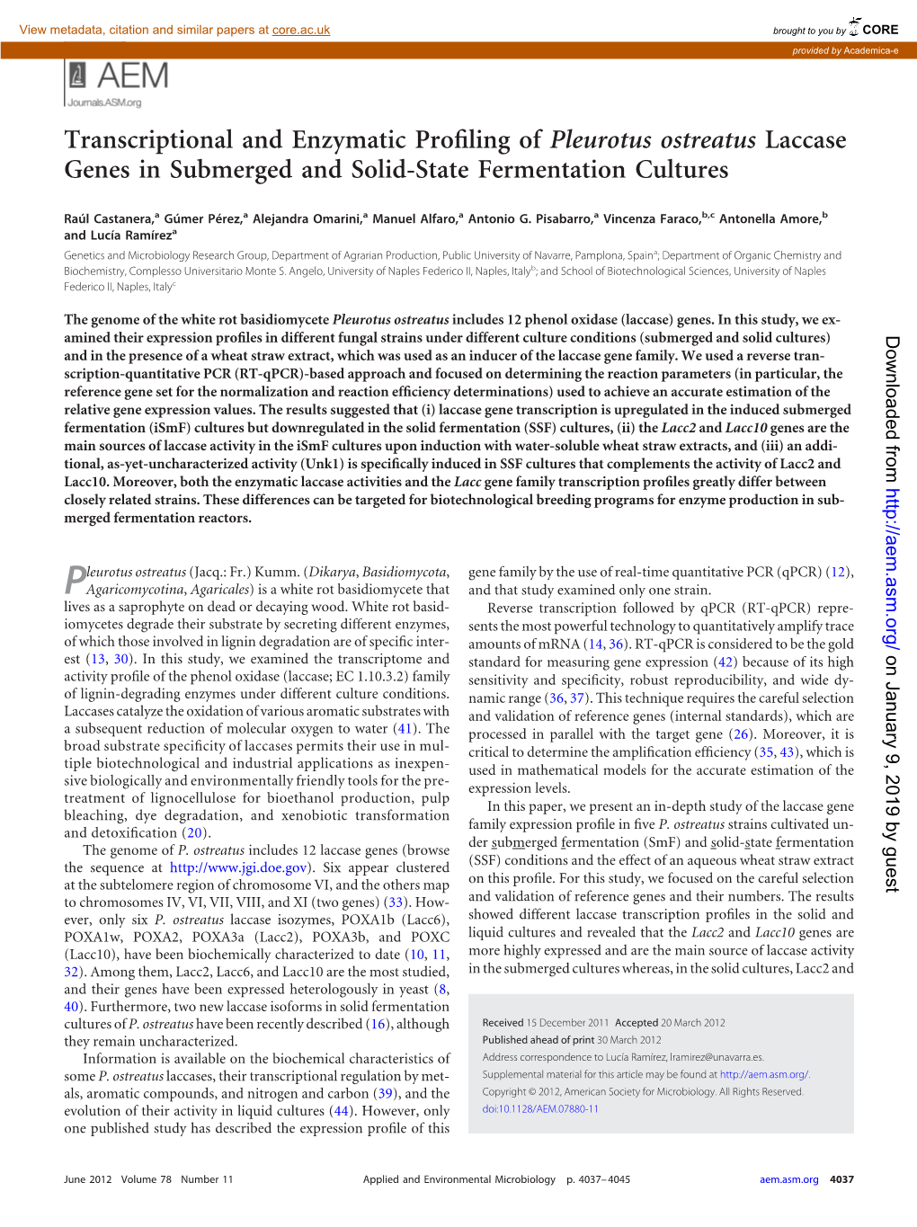 Transcriptional and Enzymatic Profiling of Pleurotus Ostreatus