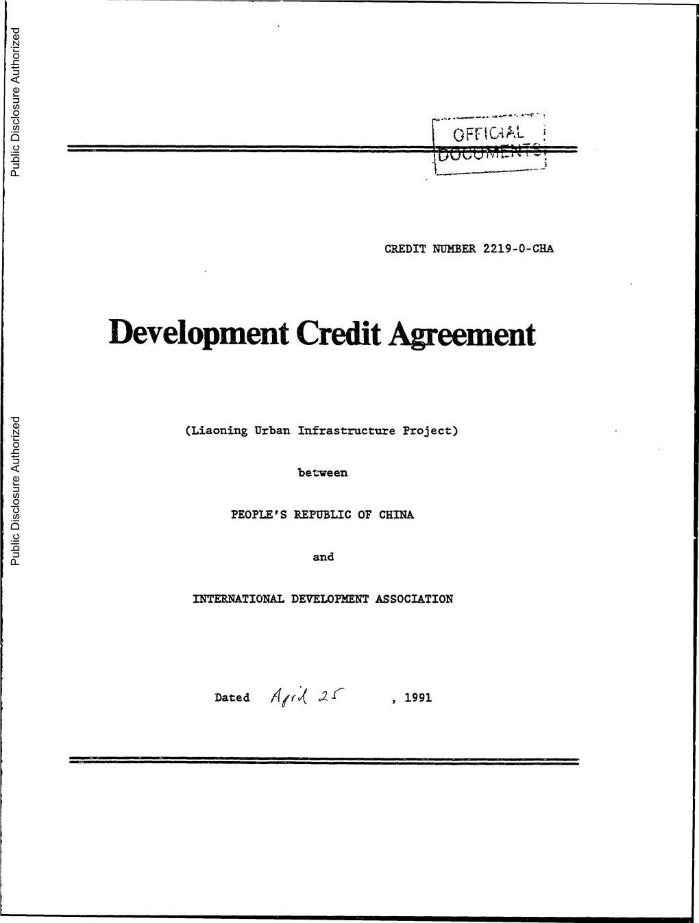 Development Credit Agreement Public Disclosure Authorized