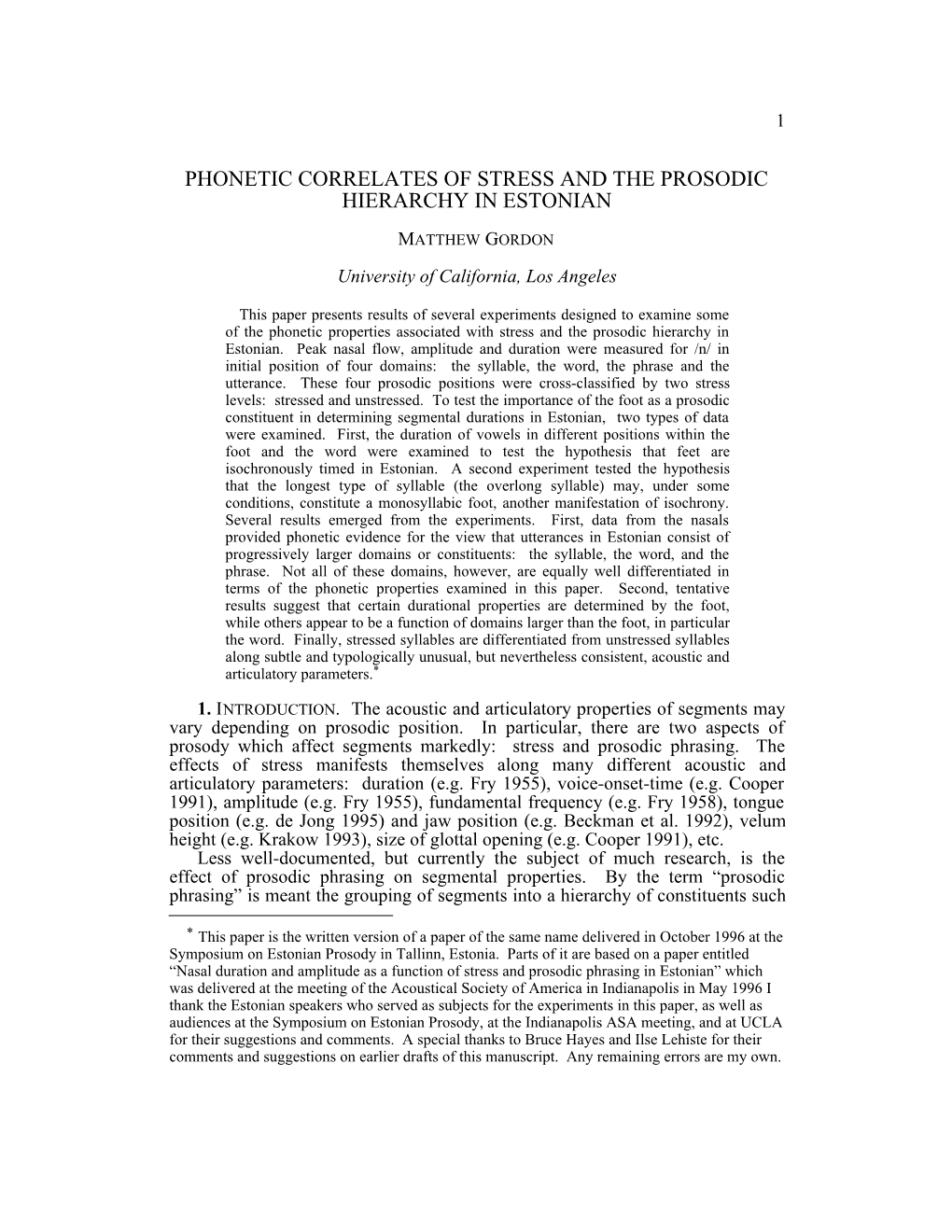 Phonetic Correlates of Stress & Prosodic Hierarchy in Estonian