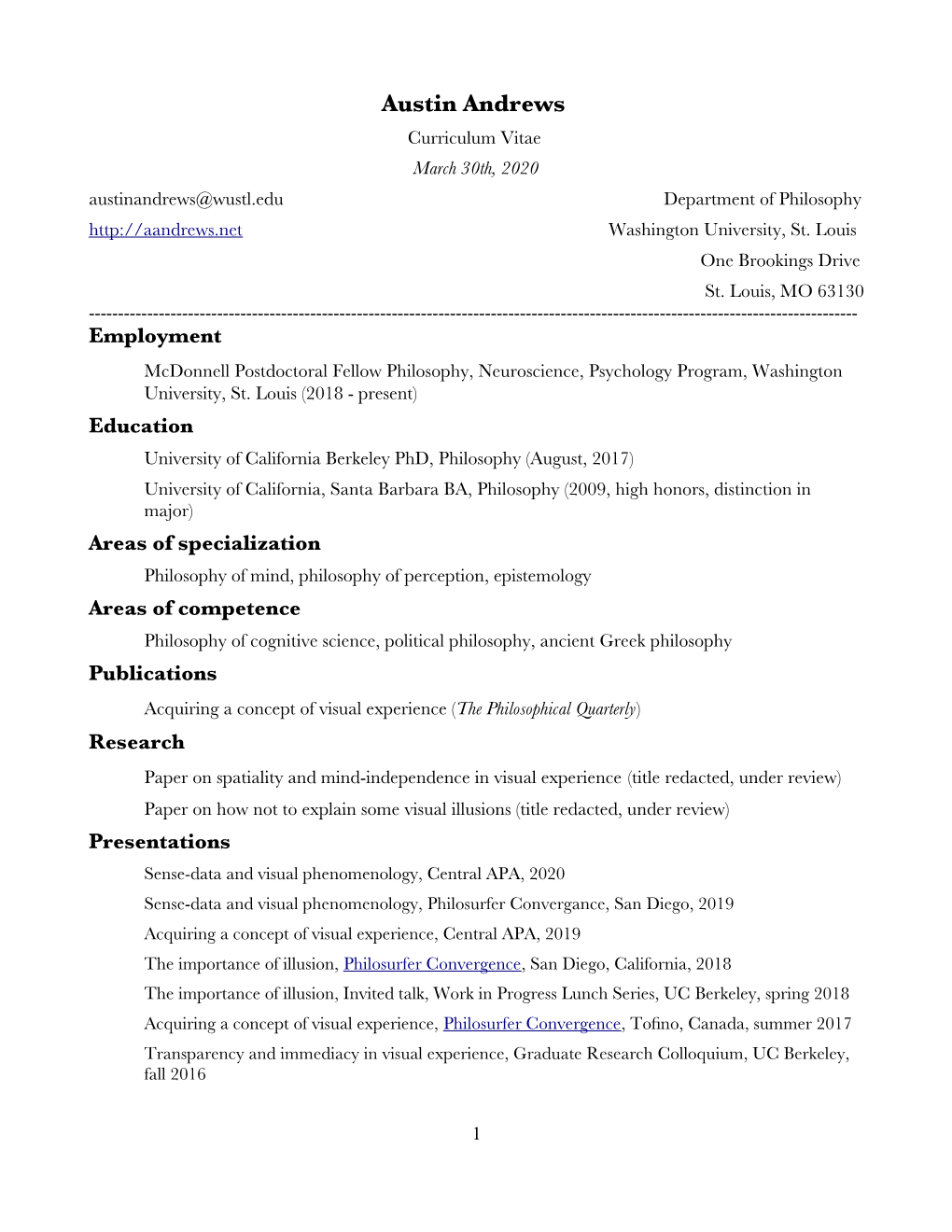 Austin Andrews Curriculum Vitae March 30Th, 2020 Austinandrews@Wustl.Edu Department of Philosophy Washington University, St