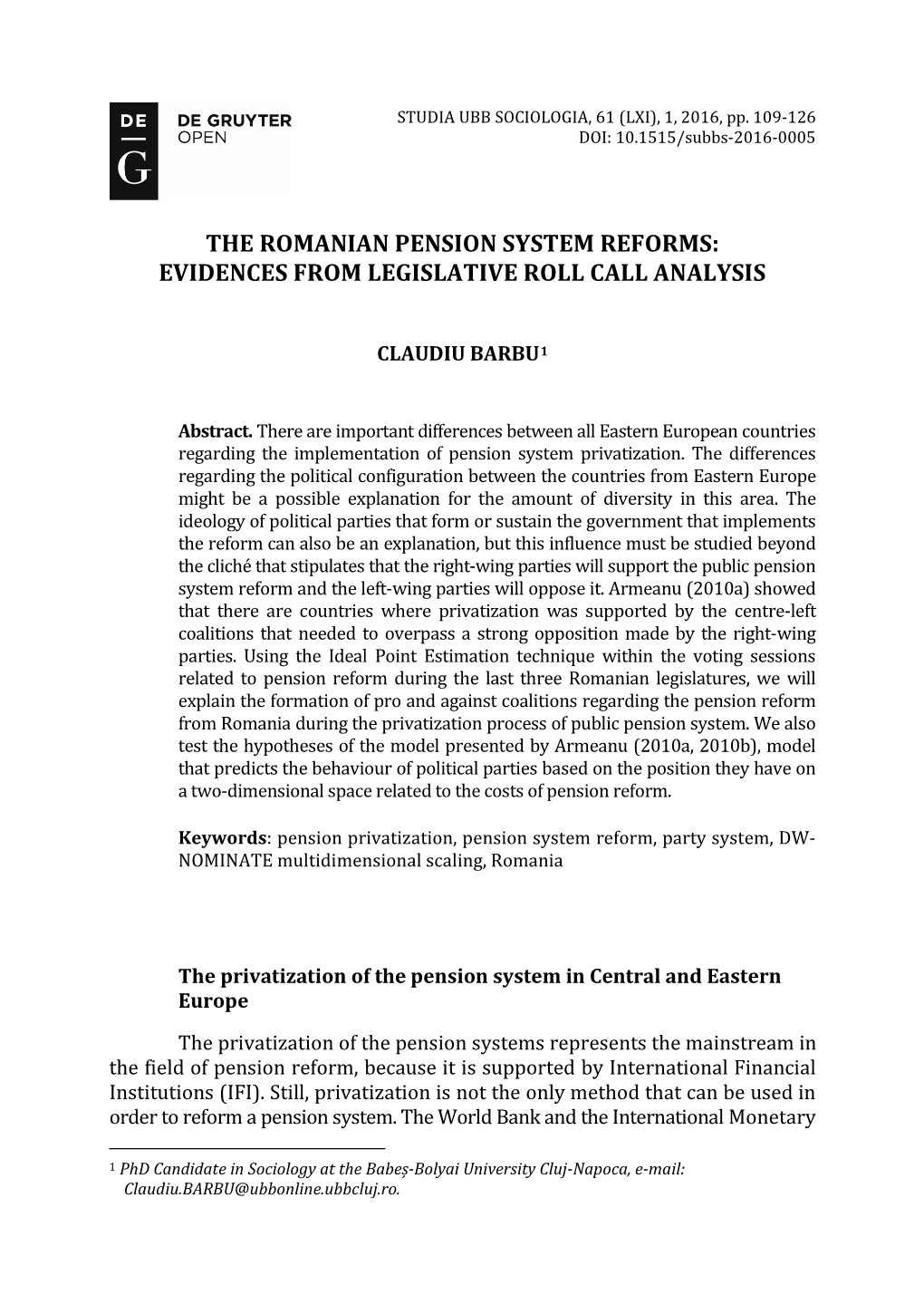 The Romanian Pension System Reforms: Evidences from Legislative Roll Call Analysis