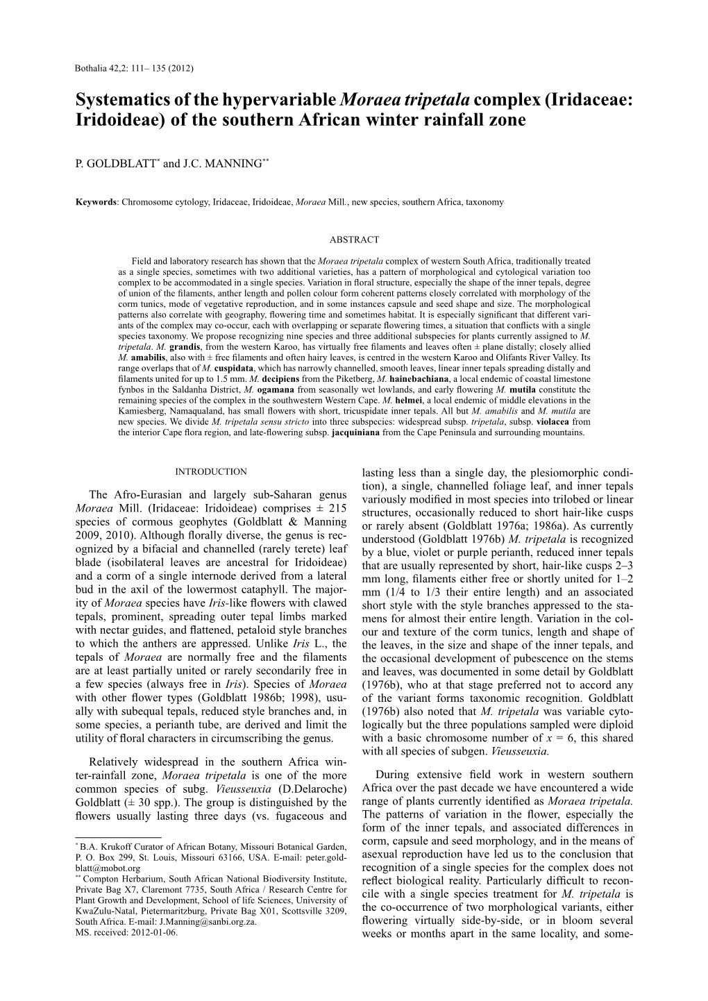 Systematics of the Hypervariable Moraea Tripetalacomplex