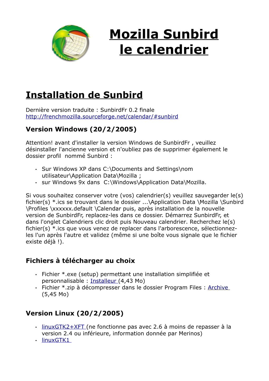 Mozilla Sunbird Le Calendrier