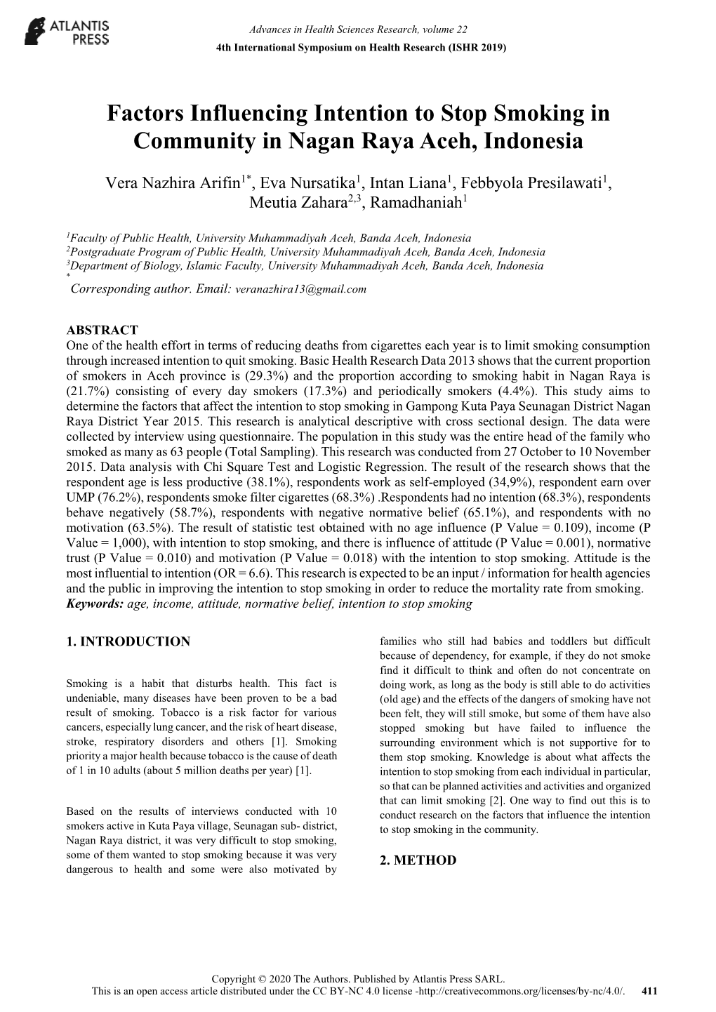 Factors Influencing Intention to Stop Smoking in Community in Nagan Raya Aceh, Indonesia