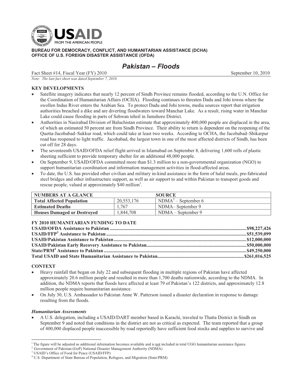 Pakistan – Floods Fact Sheet #14, Fiscal Year (FY) 2010 September 10, 2010 Note: the Last Fact Sheet Was Dated September 7, 2010