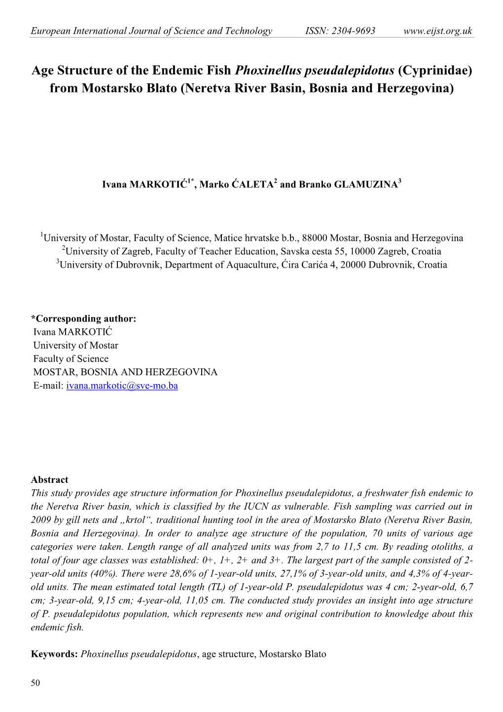 Age Structure of the Endemic Fish Phoxinellus Pseudalepidotus (Cyprinidae) from Mostarsko Blato (Neretva River Basin, Bosnia and Herzegovina)