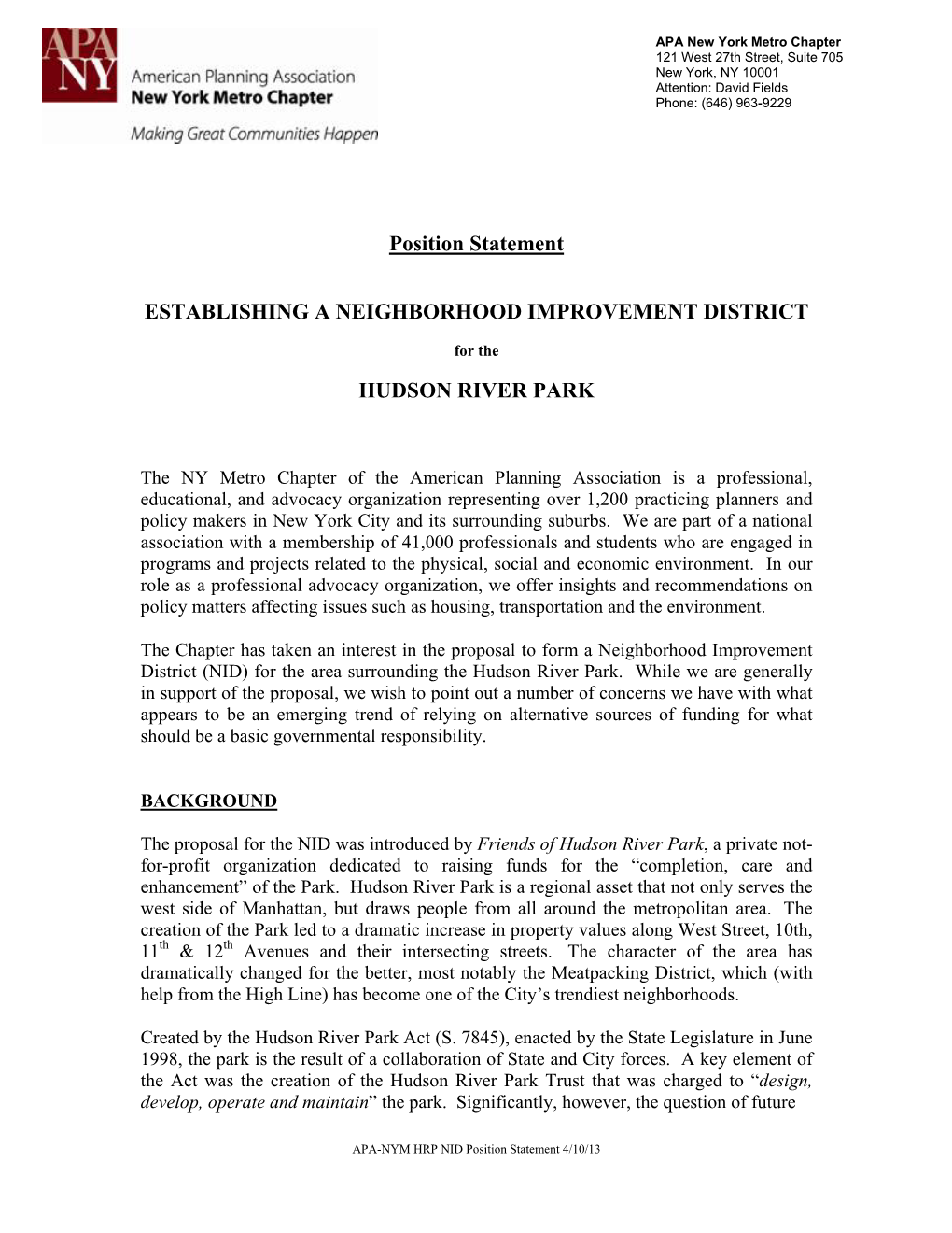 Position Statement ESTABLISHING a NEIGHBORHOOD IMPROVEMENT