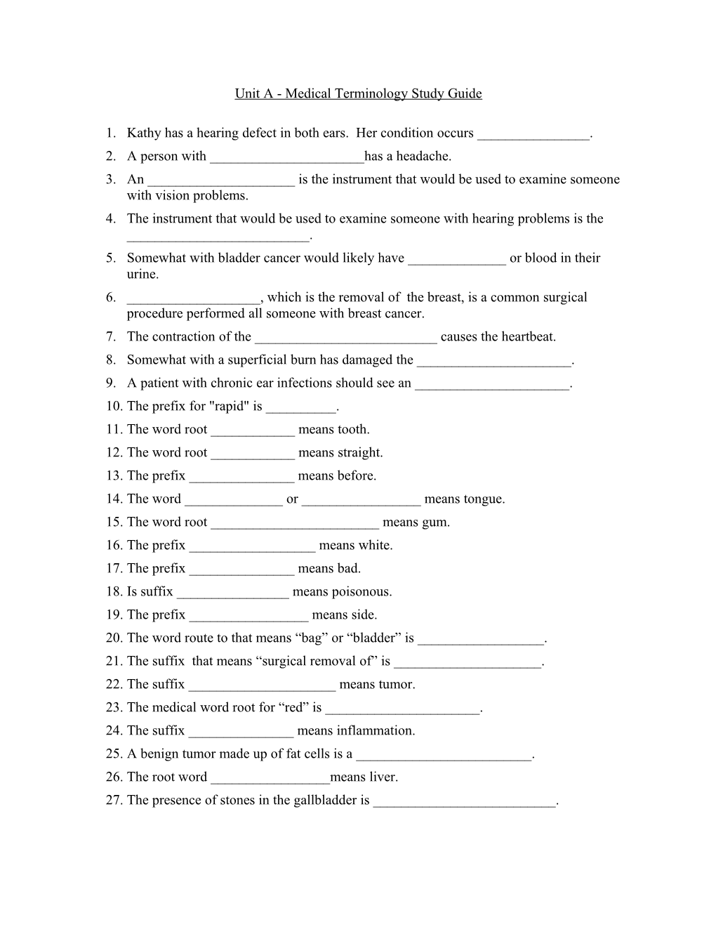 Unit a - Medical Terminology Study Guide