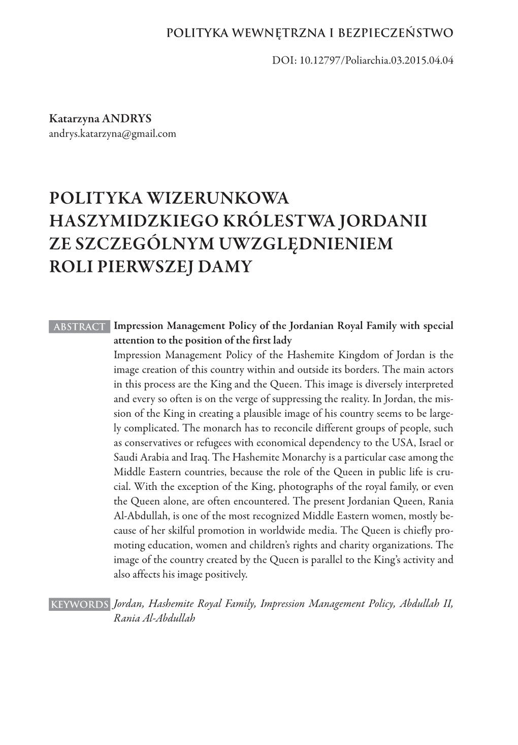 Polityka Wizerunkowa Haszymidzkiego Królestwa Jordanii Ze Szczególnym Uwzględnieniem Roli Pierwszej Damy