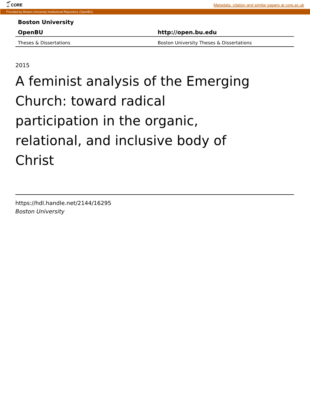 A Feminist Analysis of the Emerging Church: Toward Radical Participation in the Organic, Relational, and Inclusive Body of Christ