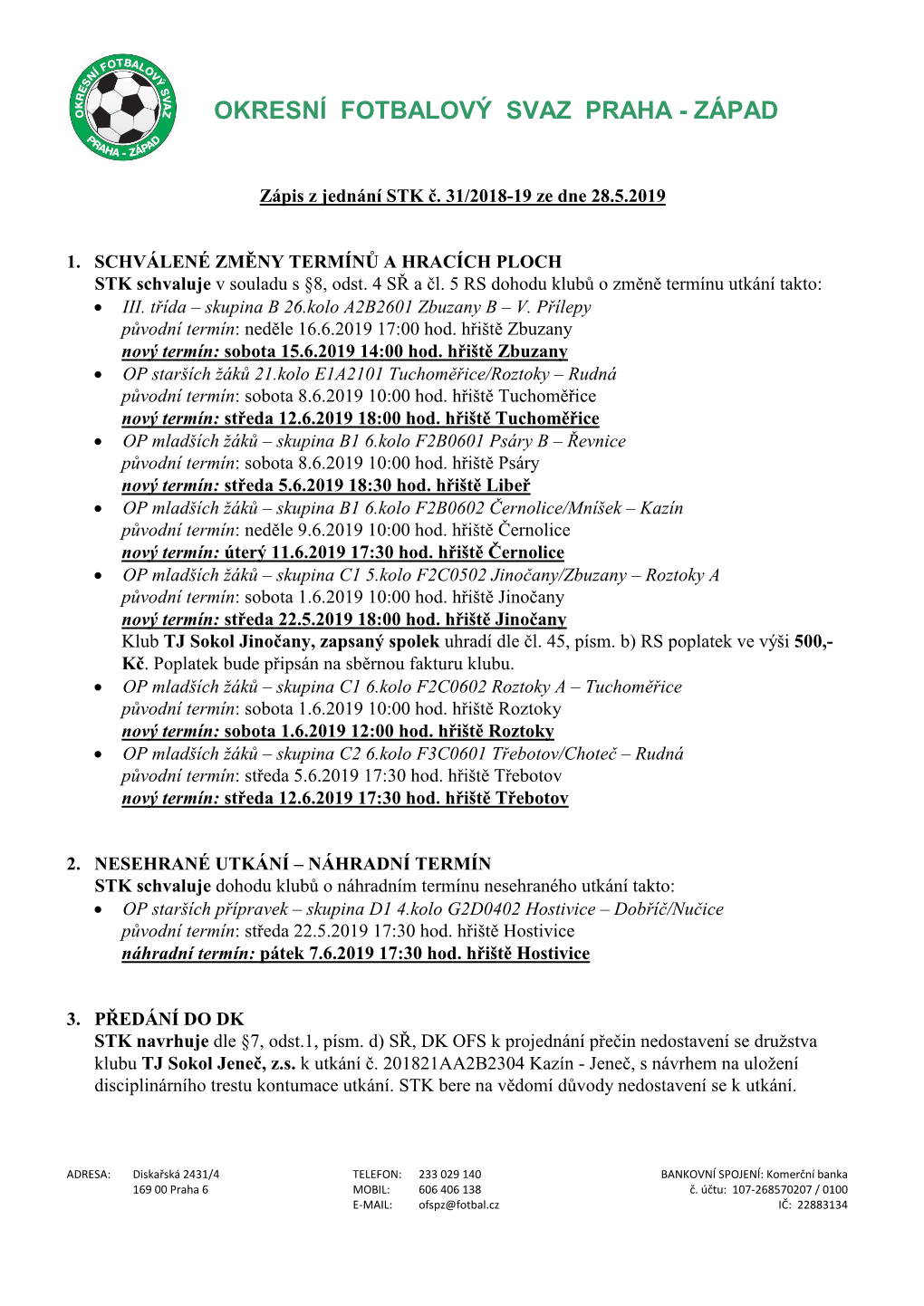 Zápis Z Jednání STK Č. 31/2018-19 Ze Dne 28.5.2019