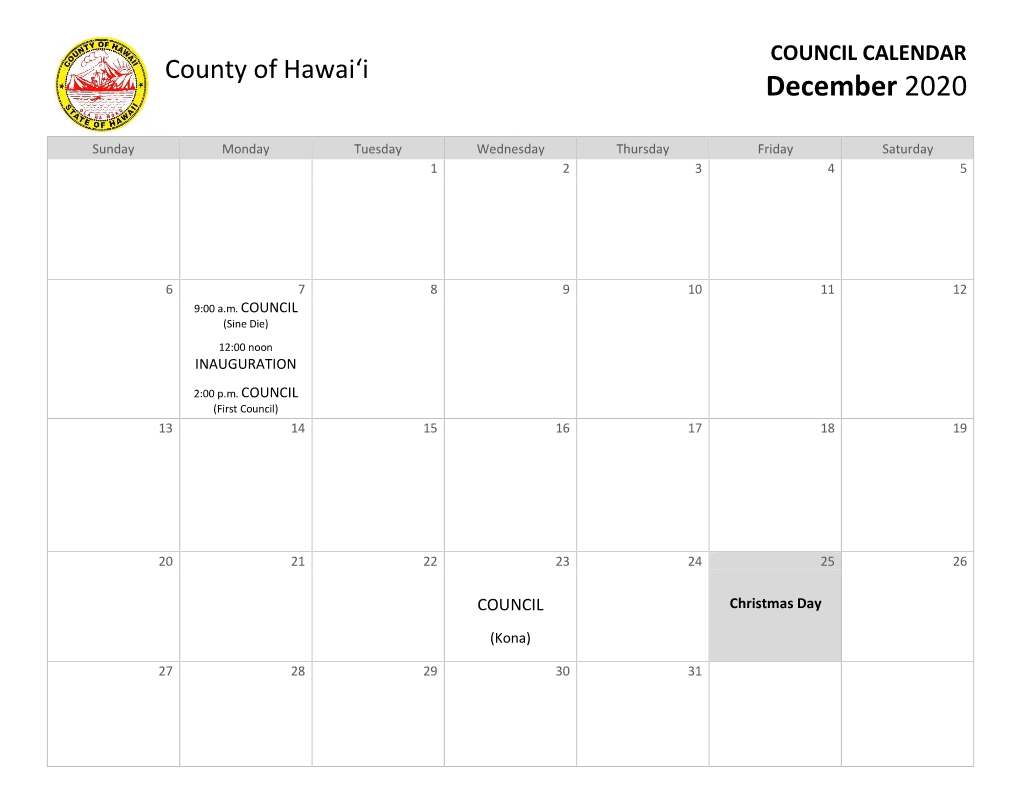 COUNCIL CALENDAR December