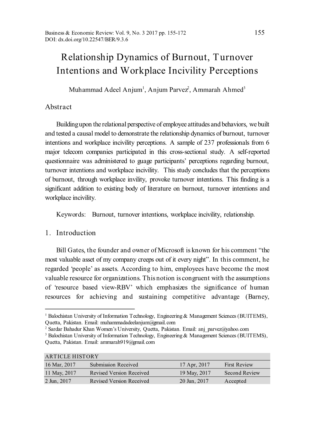 Relationship Dynamics of Burnout, Turnover Intentions and Workplace Incivility Perceptions