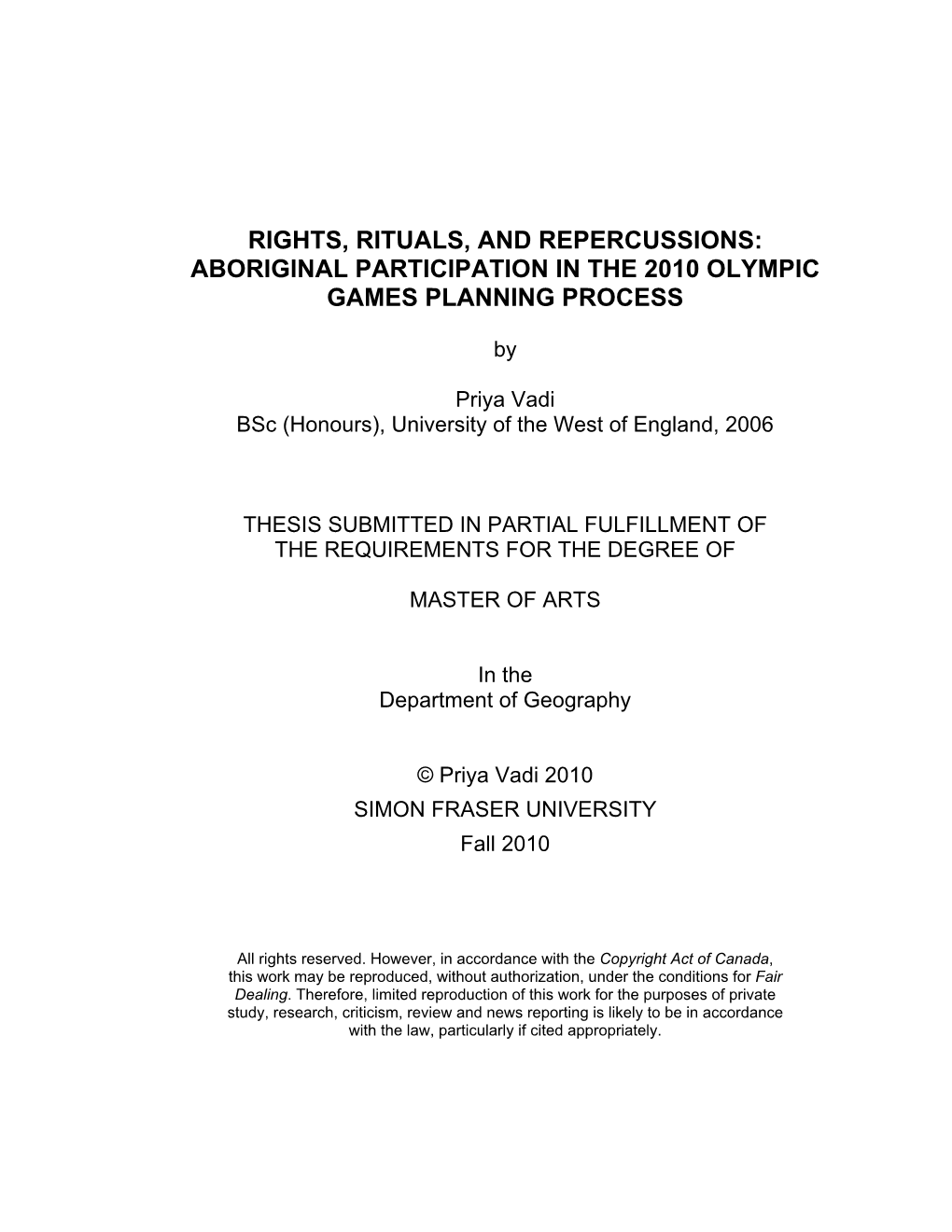 Aboriginal Participation in the 2010 Olympic Games Planning Process