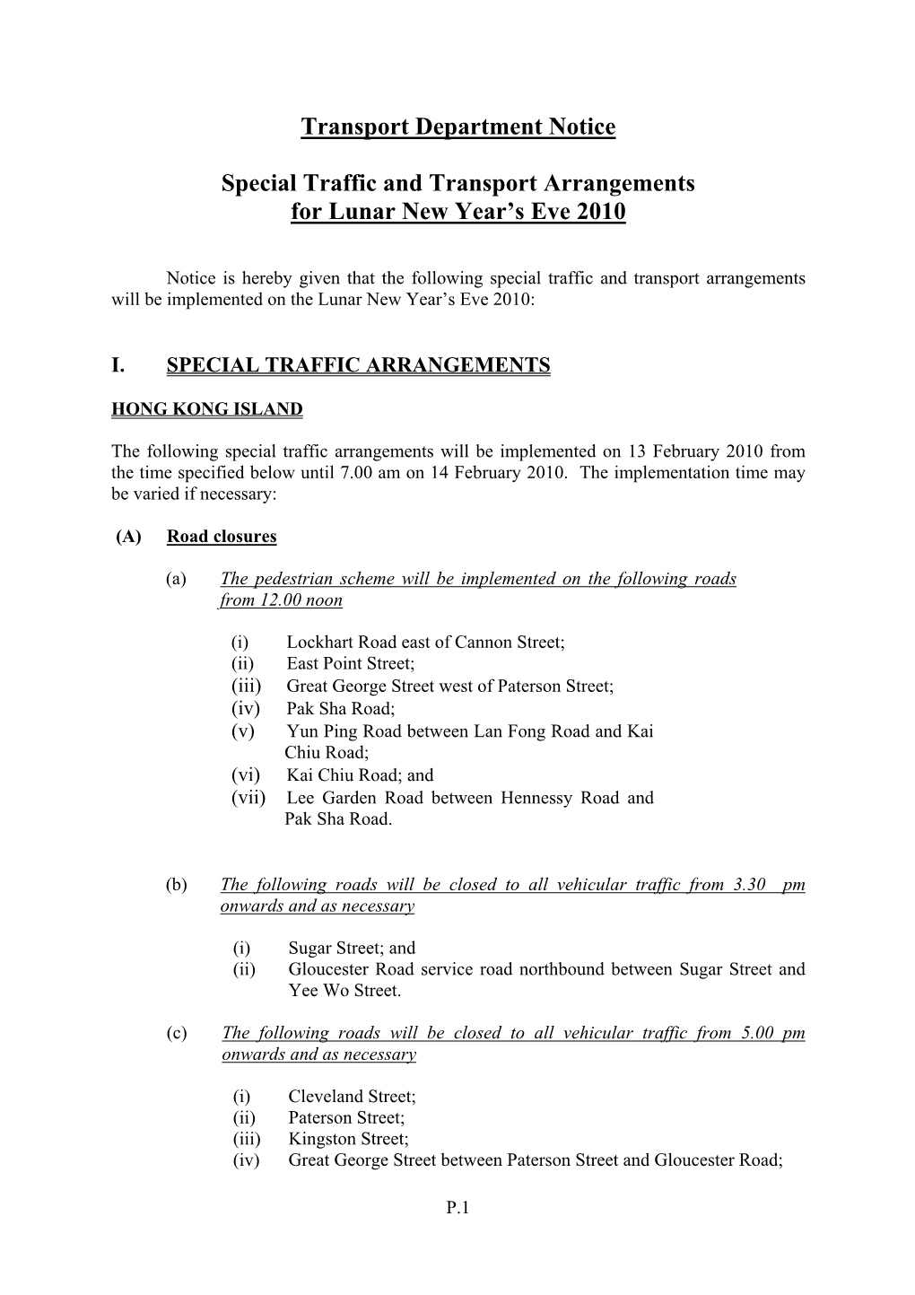 Transport Department Notice Special Traffic and Transport Arrangements