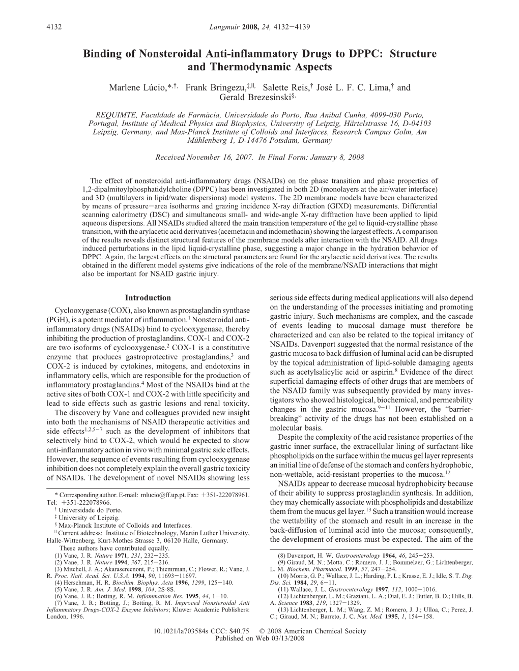 Binding of Nonsteroidal Anti-Inflammatory Drugs to DPPC: Structure and Thermodynamic Aspects