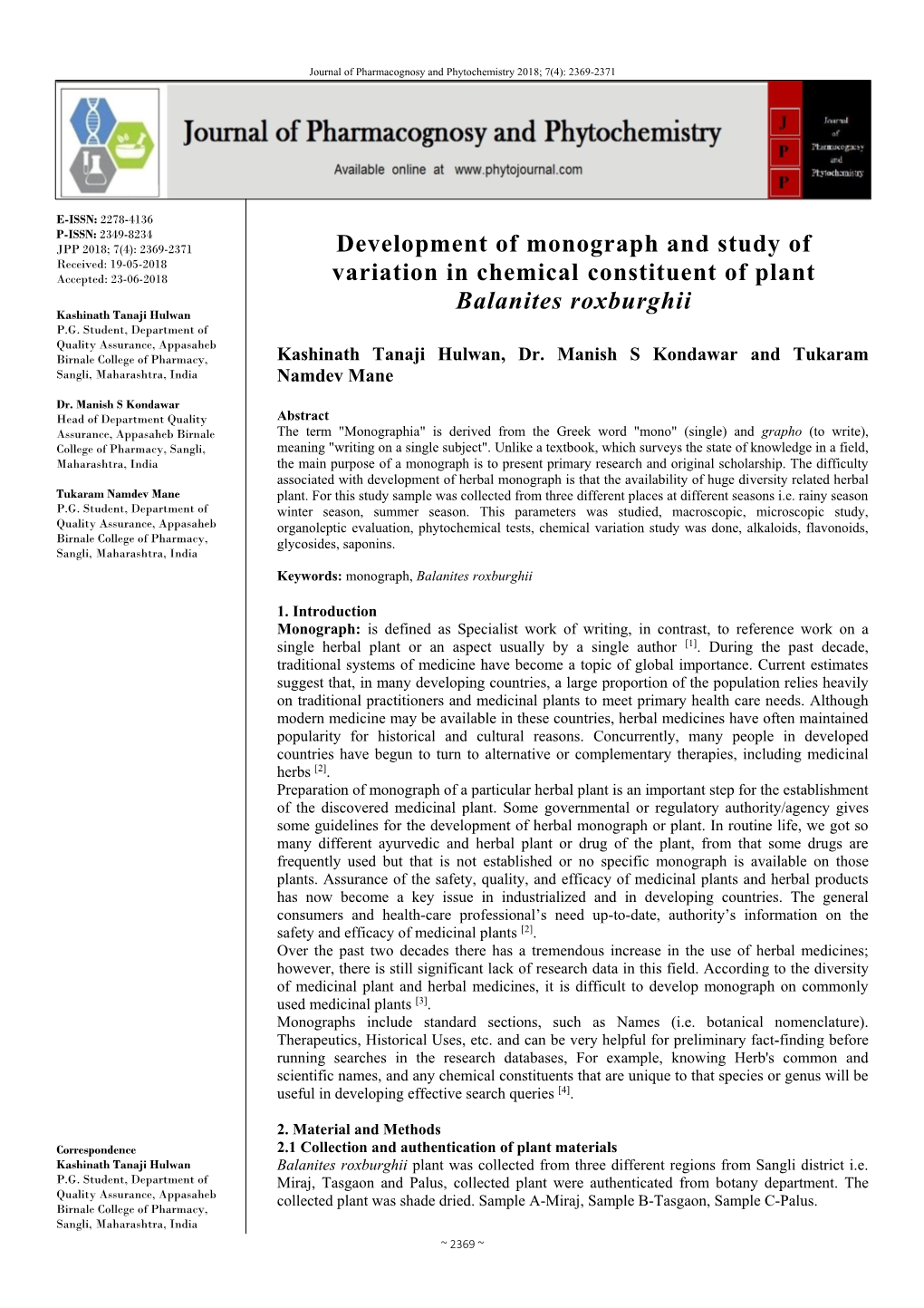 Development of Monograph and Study of Variation in Chemical Constituent