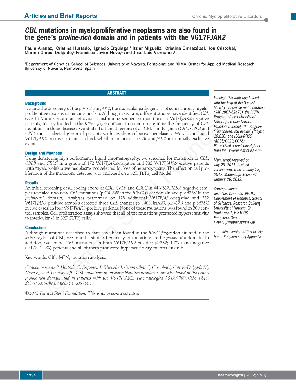 CBL Mutations in Myeloproliferative Neoplasms Are Also Found in the Gene’S Proline-Rich Domain and in Patients with the V617FJAK2