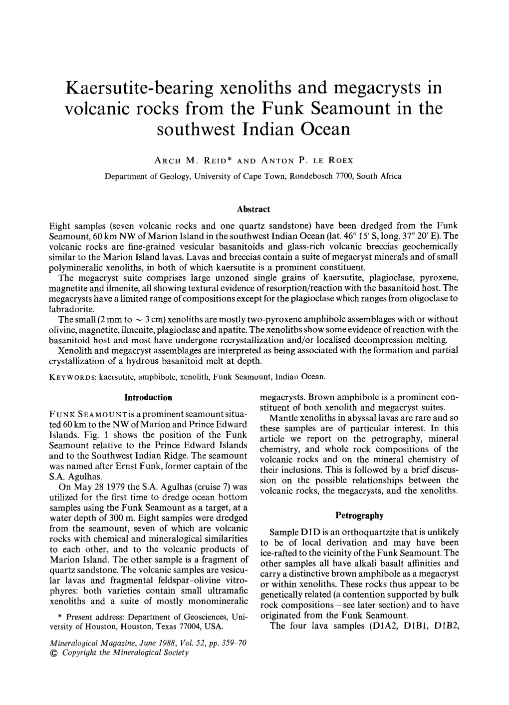 Kaersutite-Bearing Xenoliths and Megacrysts in Volcanic Rocks from the Funk Seamount in the Southwest Indian Ocean