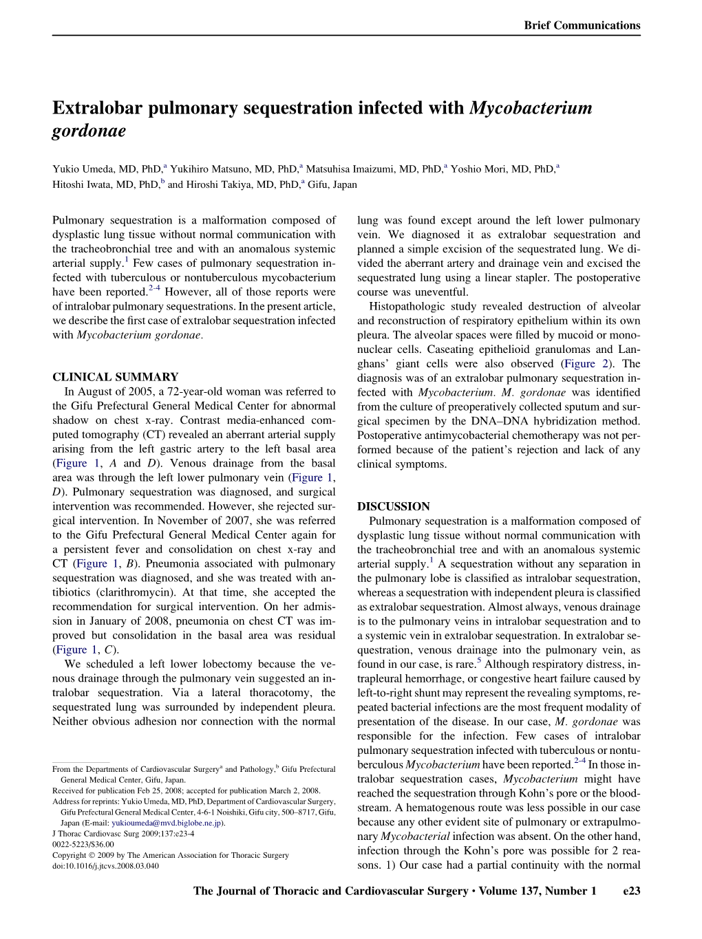 Extralobar Pulmonary Sequestration Infected with Mycobacterium Gordonae