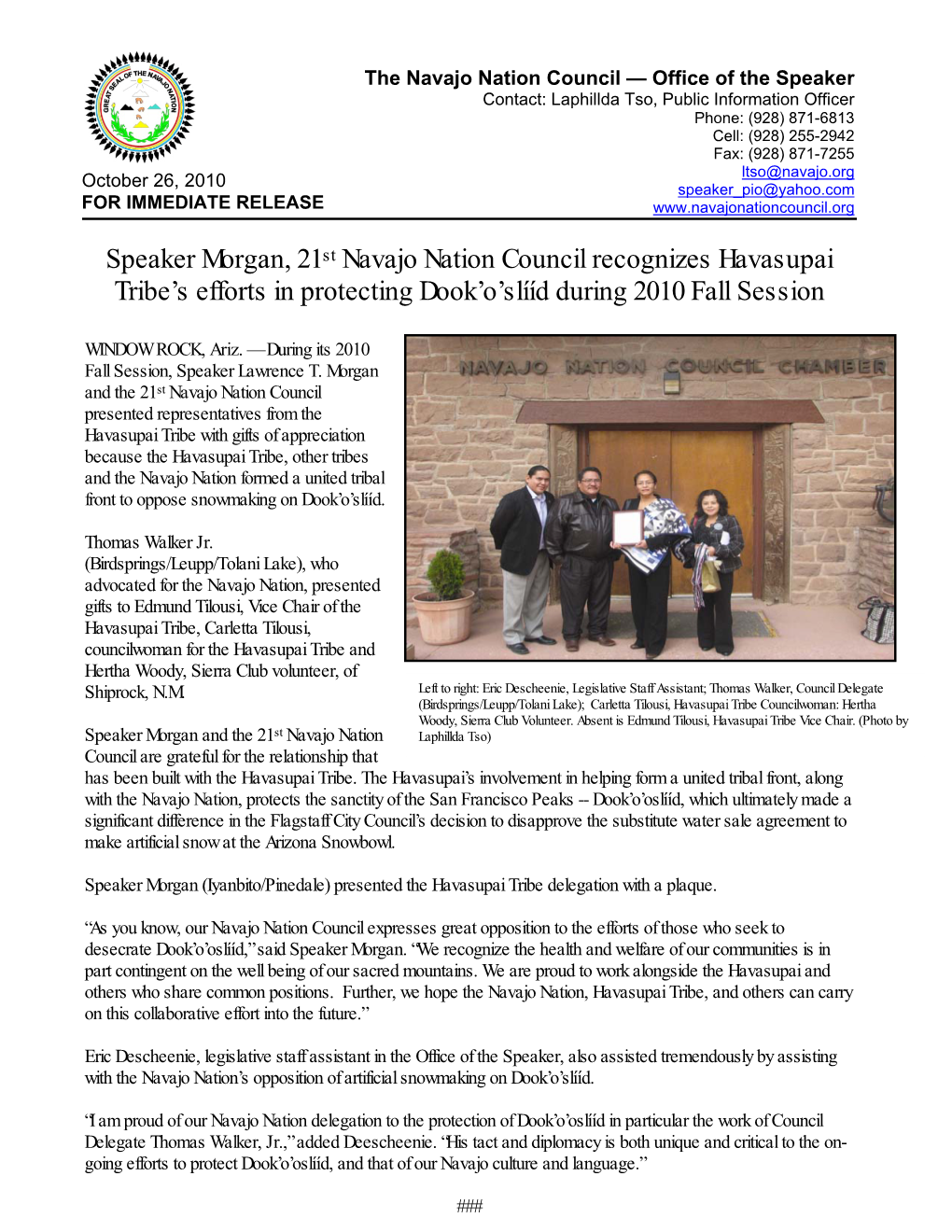 Speaker Morgan, 21St Navajo Nation Council Recognizes Havasupai Tribe’S Efforts in Protecting Dook’O’Slííd During 2010 Fall Session