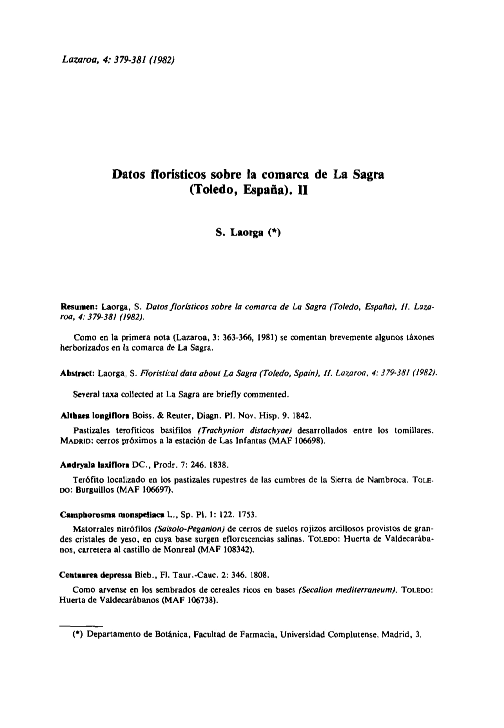 Datos Fioristicos Sobre La Comarca De La Sagra (Toledo, España). II