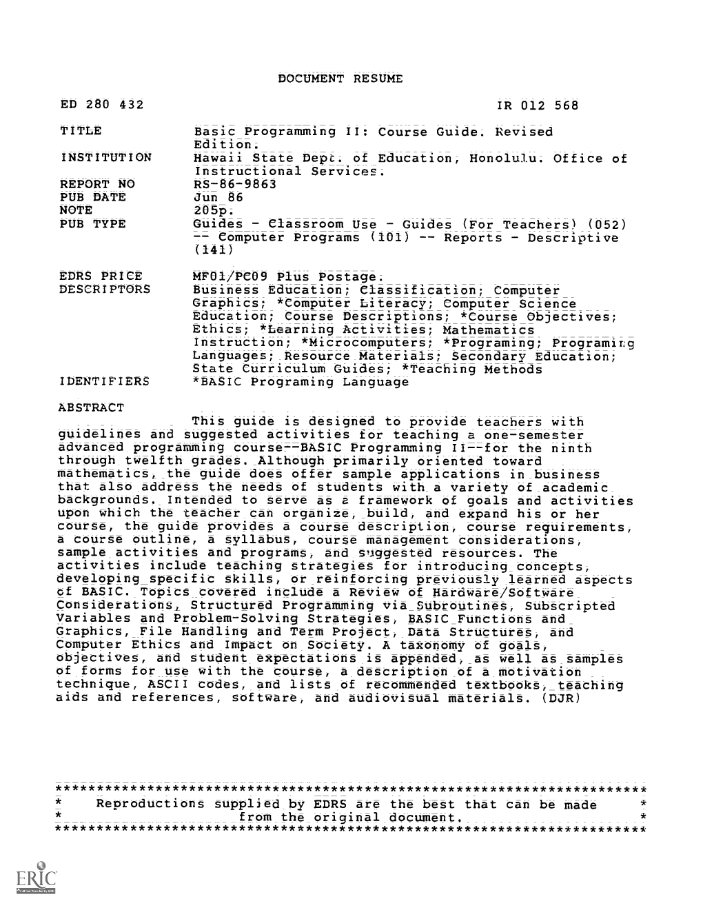 DOCUMENT RESUME Basic Programming II