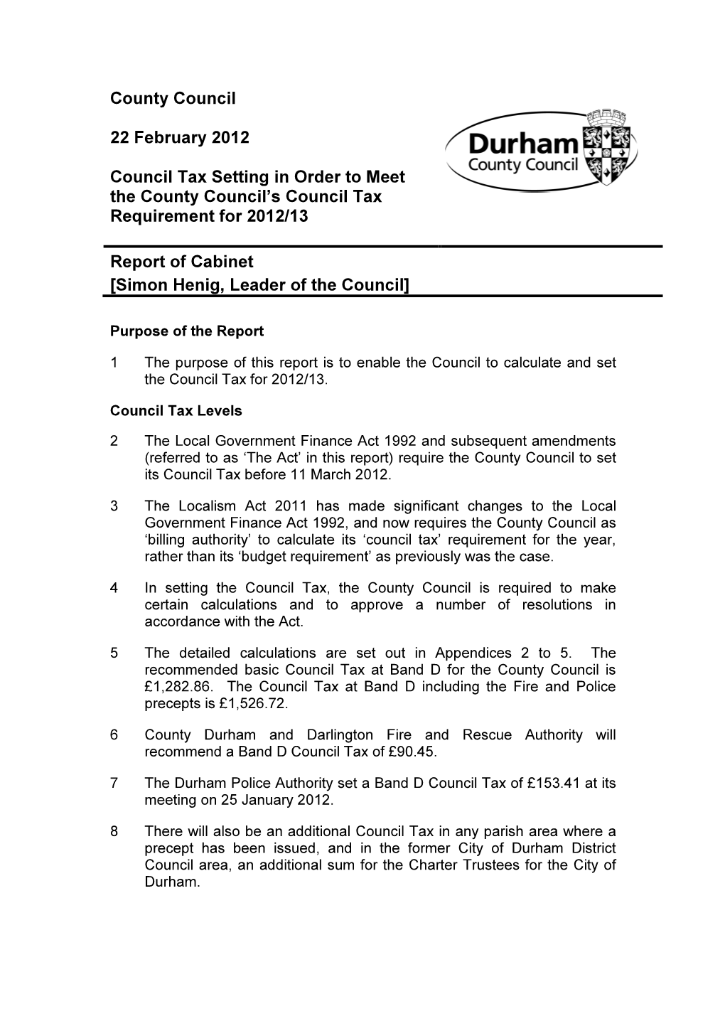 Council Tax Setting in Order to Meet the County Council’S Council Tax Requirement for 2012/13