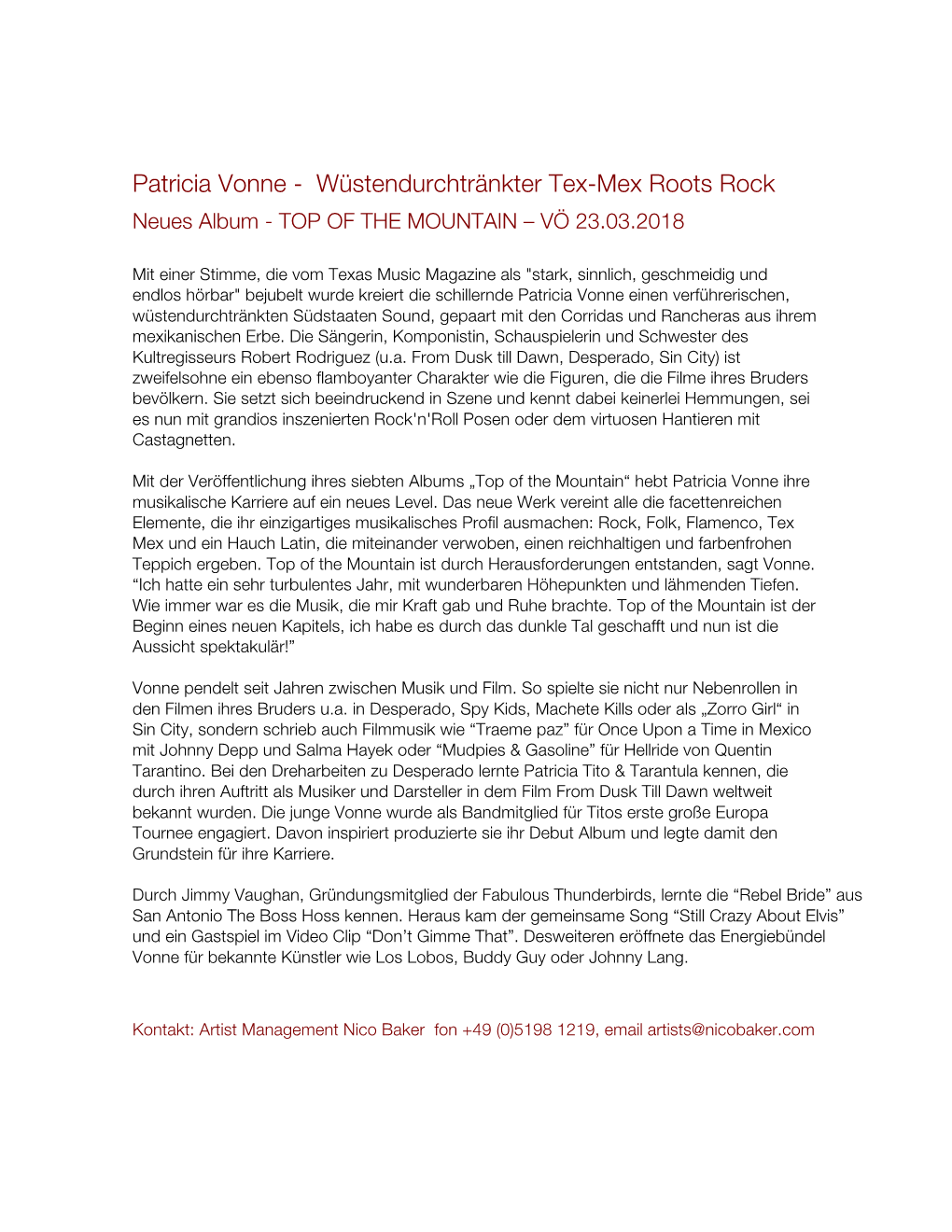 Patricia Vonne - Wüstendurchtränkter Tex-Mex Roots Rock Neues Album - TOP of the MOUNTAIN – VÖ 23.03.2018