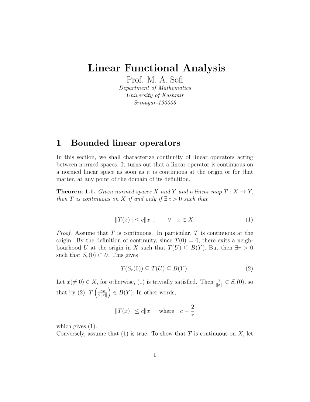 Notes on Linear Functional Analysis by M.A Sofi