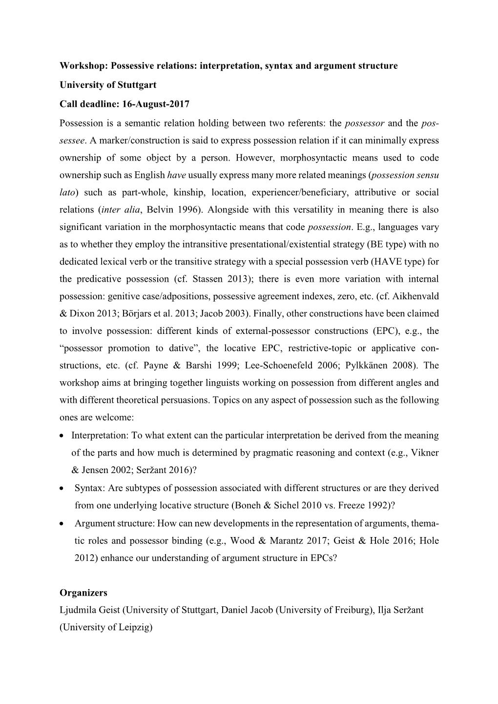 Workshop: Possessive Relations: Interpretation, Syntax and Argument