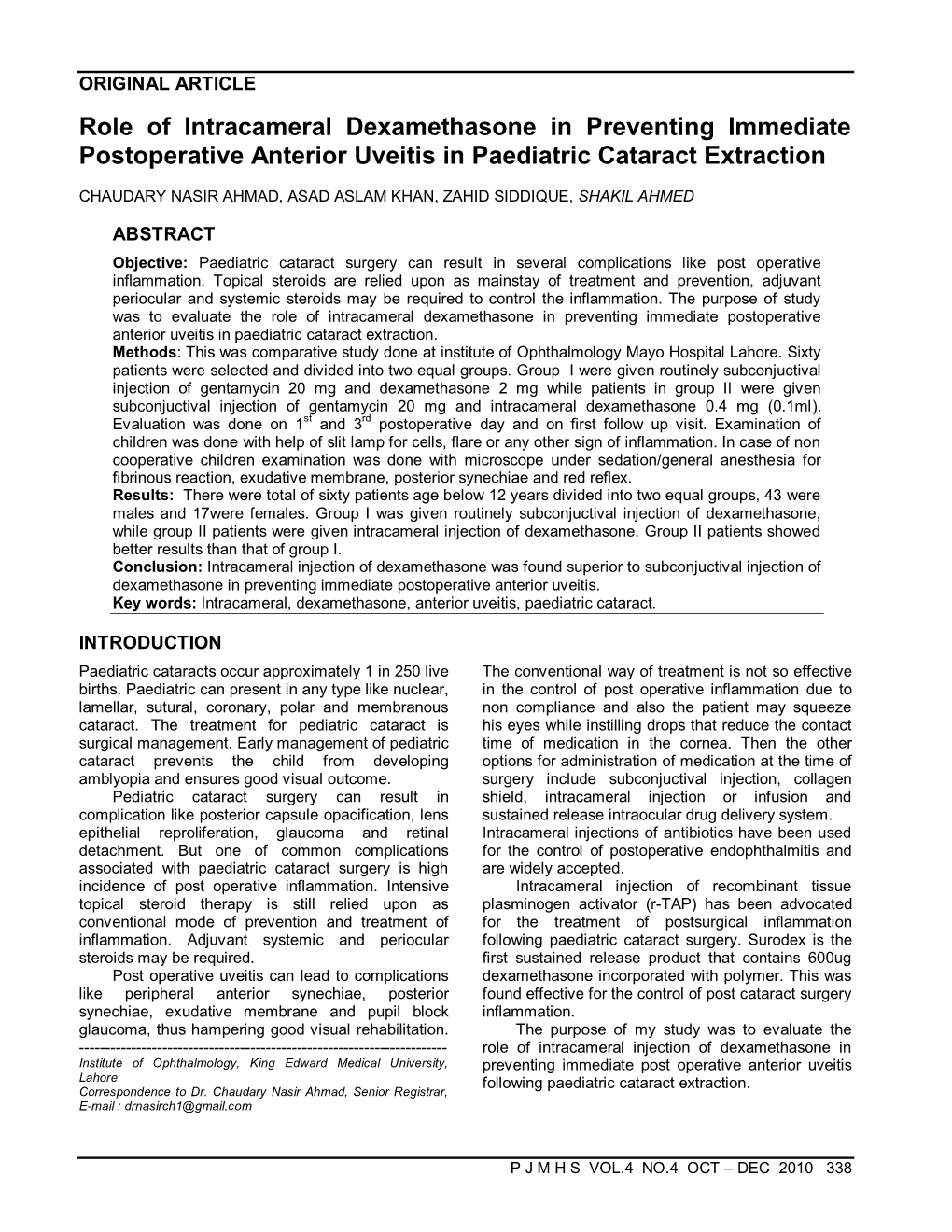 Role of Intracameral Dexamethasone in Preventing Immediate Postoperative Anterior Uveitis in Paediatric Cataract Extraction