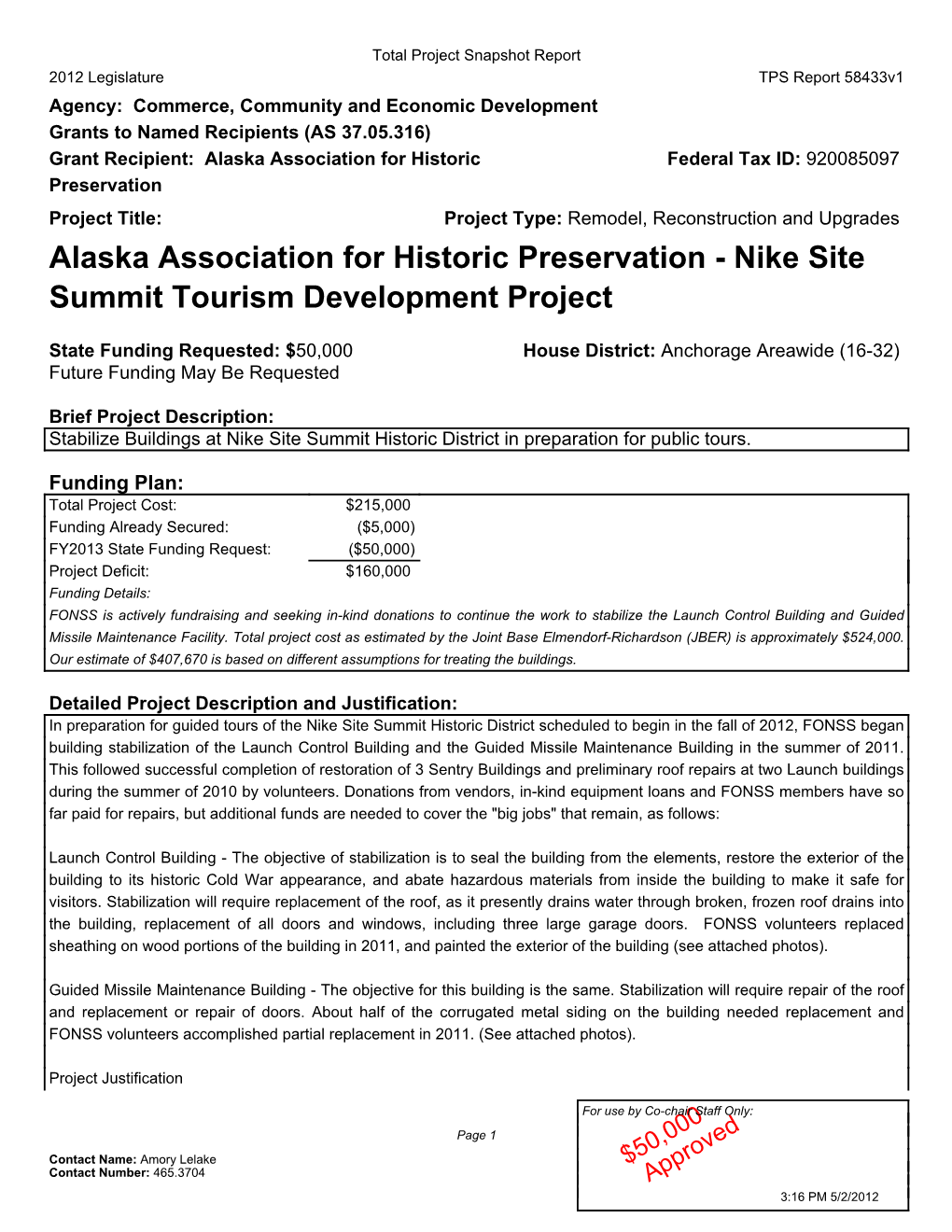 Alaska Association for Historic Preservation - Nike Site Summit Tourism Development Project