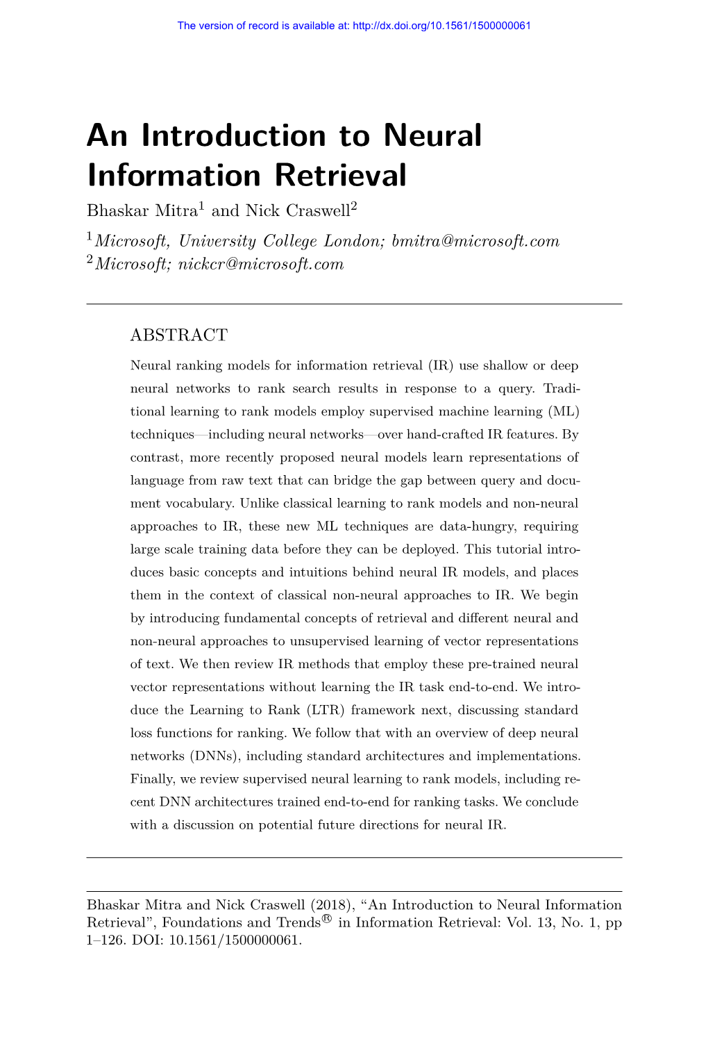 An Introduction to Neural Information Retrieval