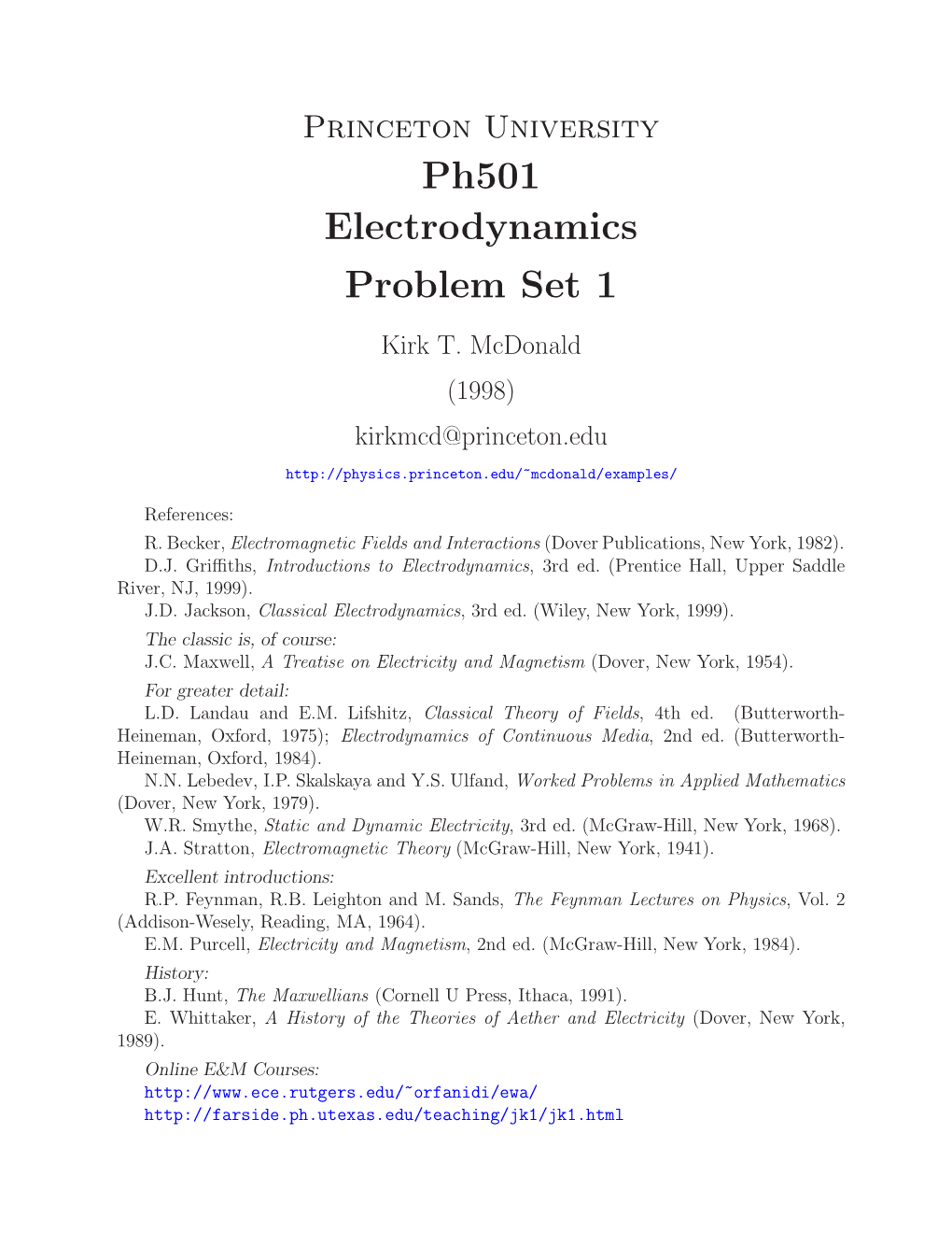 Ph501 Electrodynamics Problem Set 1