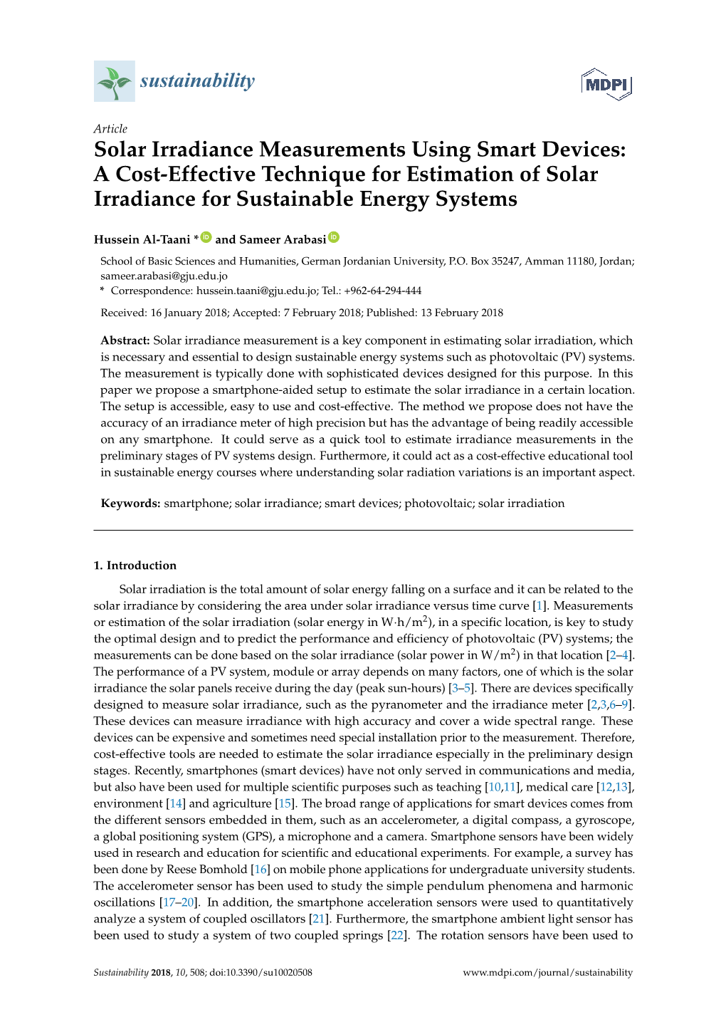 Solar Irradiance Measurements Using Smart Devices: a Cost-Effective Technique for Estimation of Solar Irradiance for Sustainable Energy Systems