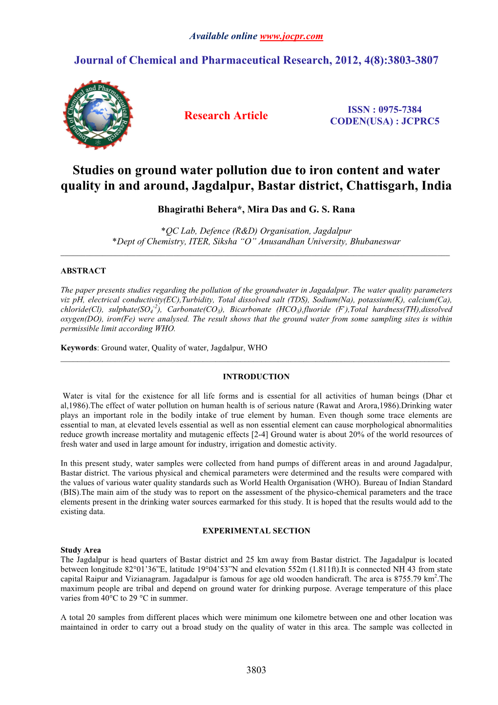 Studies on Ground Water Pollution Due to Iron Content and Water Quality in and Around, Jagdalpur, Bastar District, Chattisgarh, India