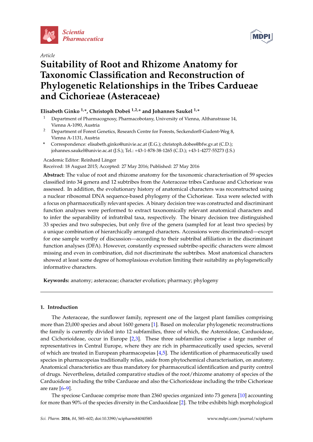 Suitability of Root and Rhizome Anatomy for Taxonomic