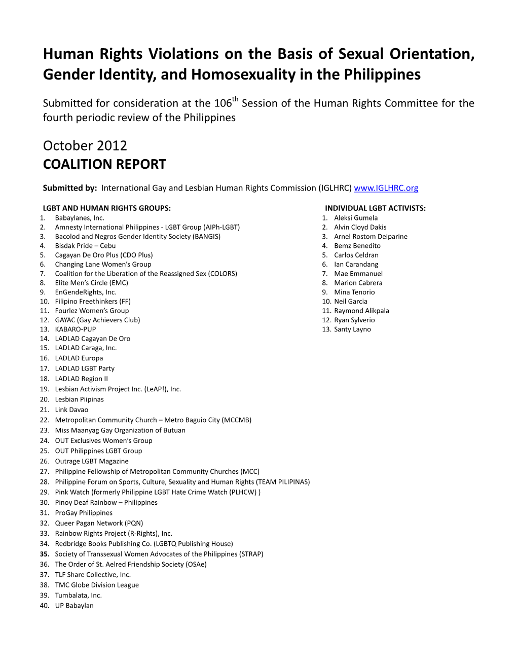 Human Rights Violations on the Basis of Sexual Orientation, Gender Identity, and Homosexuality in the Philippines