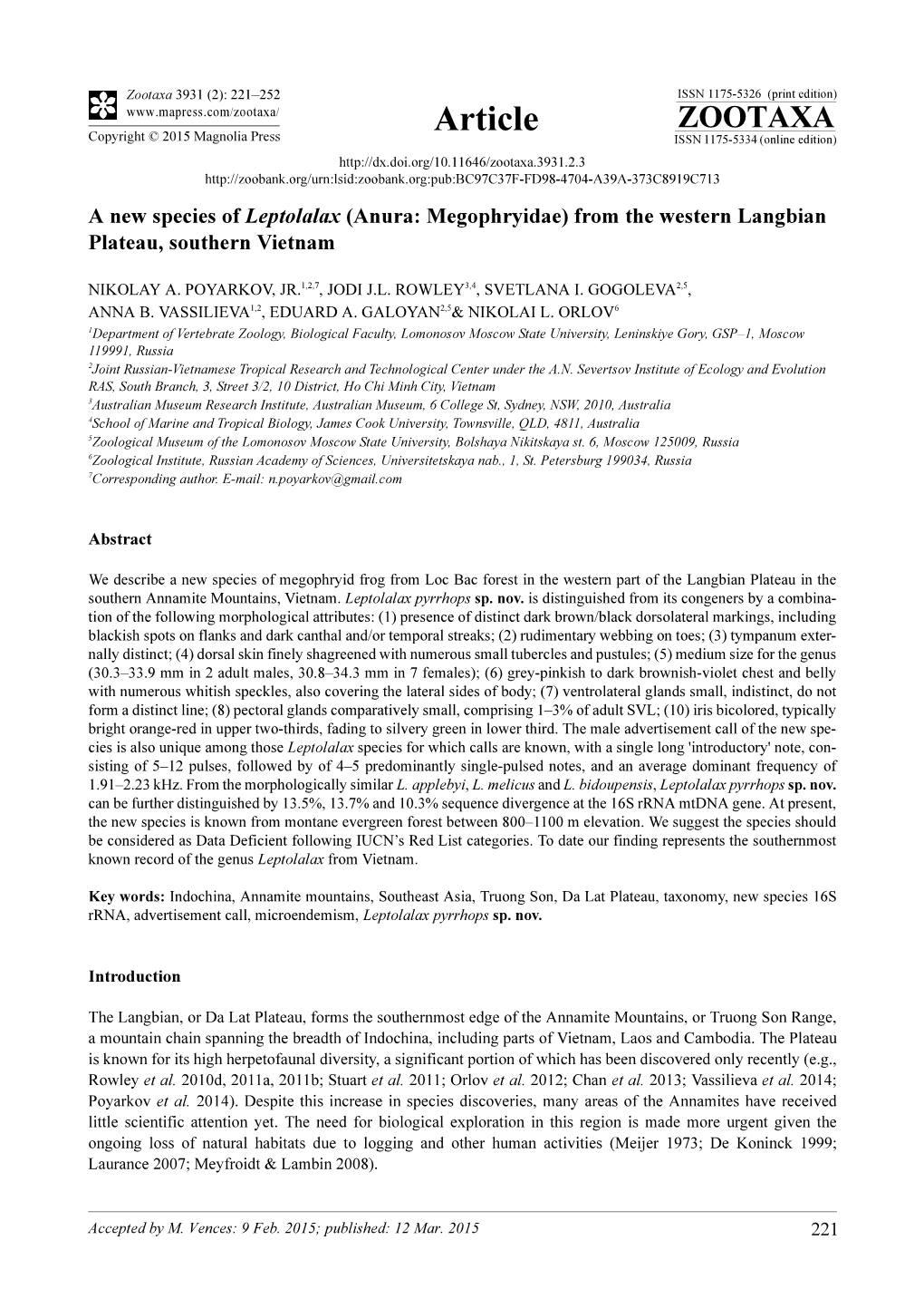 A New Species of Leptolalax (Anura: Megophryidae) from the Western Langbian Plateau, Southern Vietnam