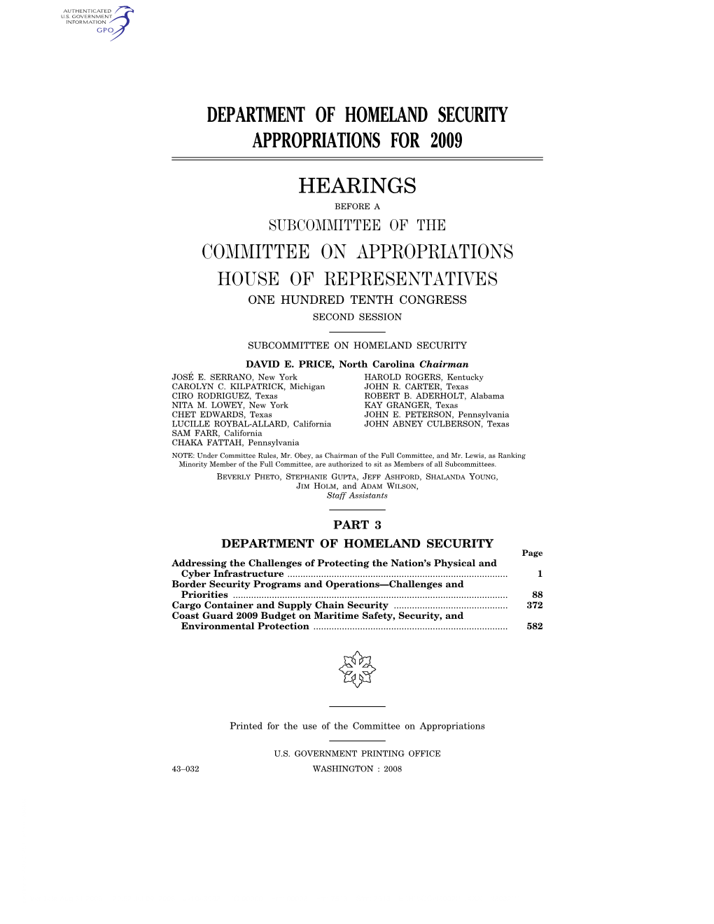 Department of Homeland Security Appropriations for 2009 Hearings