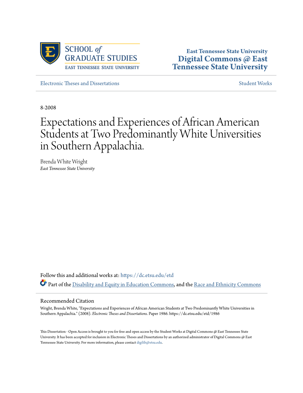 Expectations and Experiences of African American Students at Two Predominantly White Universities in Southern Appalachia