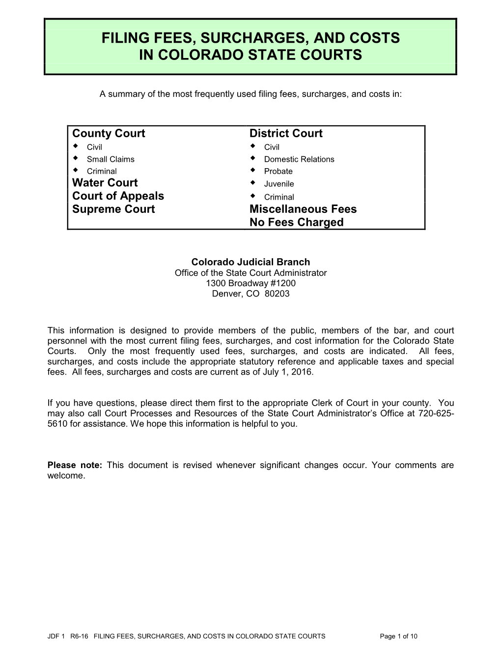 Filing Fees, Surcharges, and Costs in Colorado State Courts