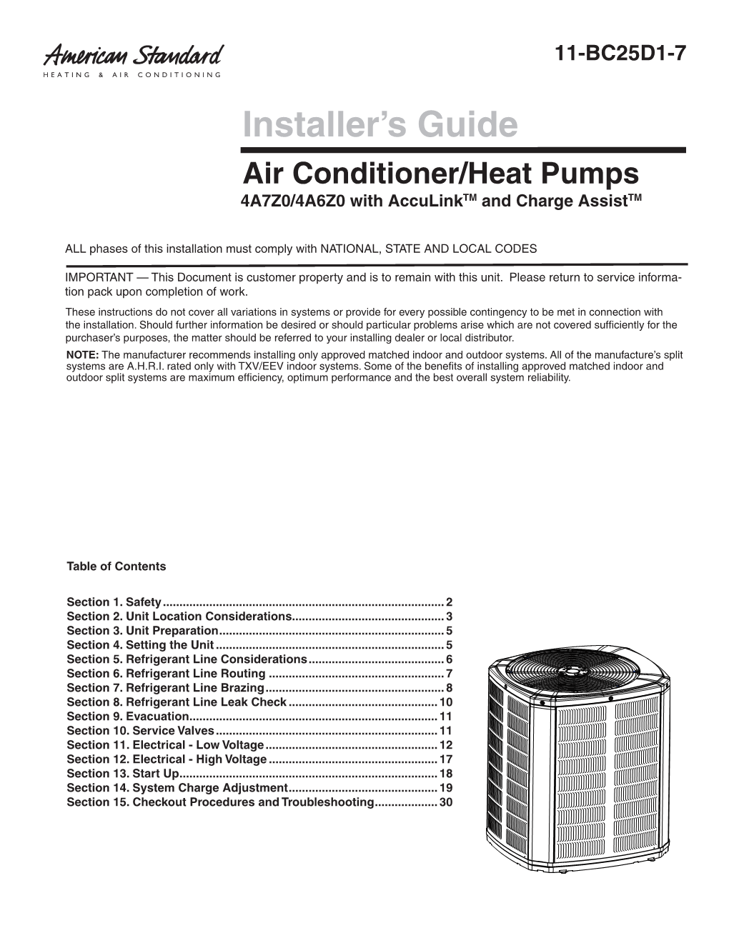 American Standard Installer's Guide Air Conditioner Heat Pump 4A7Z0