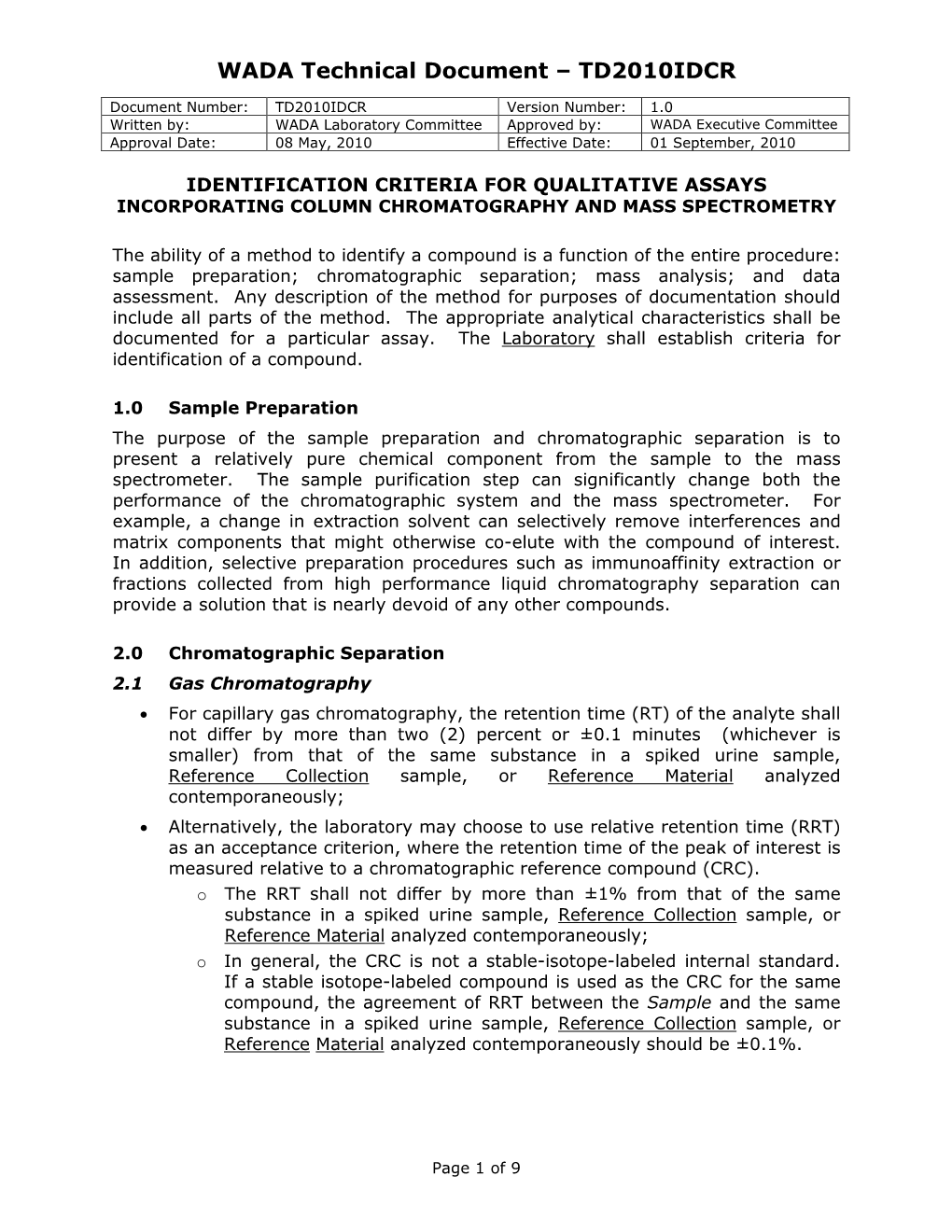 Identification Criteria for Qualitative Assays Incorporating Column Chromatography and Mass Spectrometry