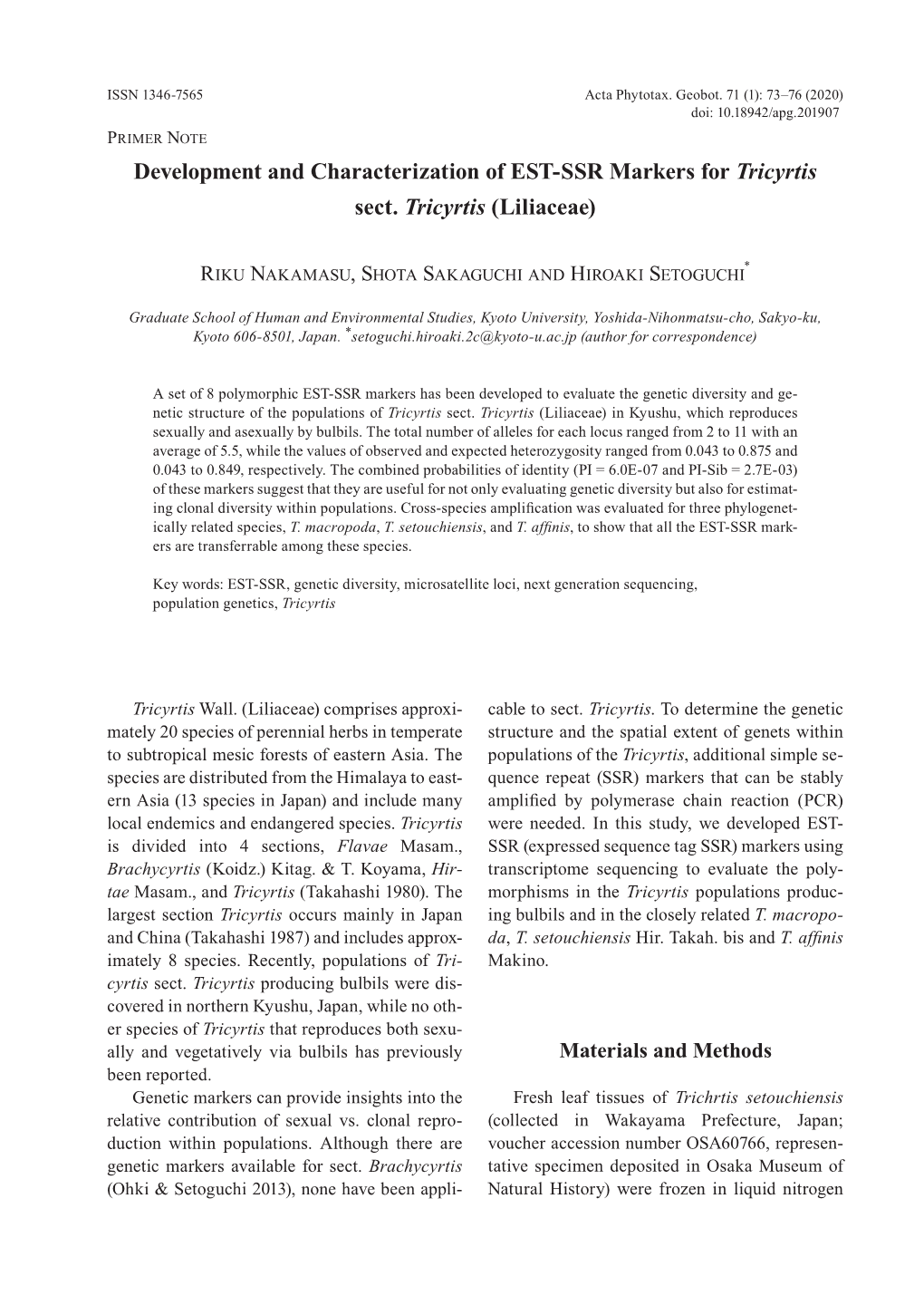 Development and Characterization of EST-SSR Markers for Tricyrtissect