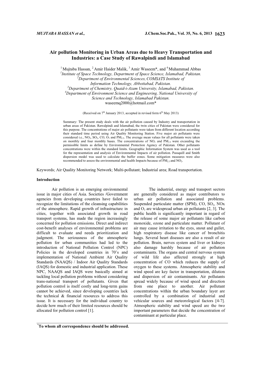 Air Pollution Monitoring in Urban Areas Due to Heavy Transportation and Industries: a Case Study of Rawalpindi and Islamabad